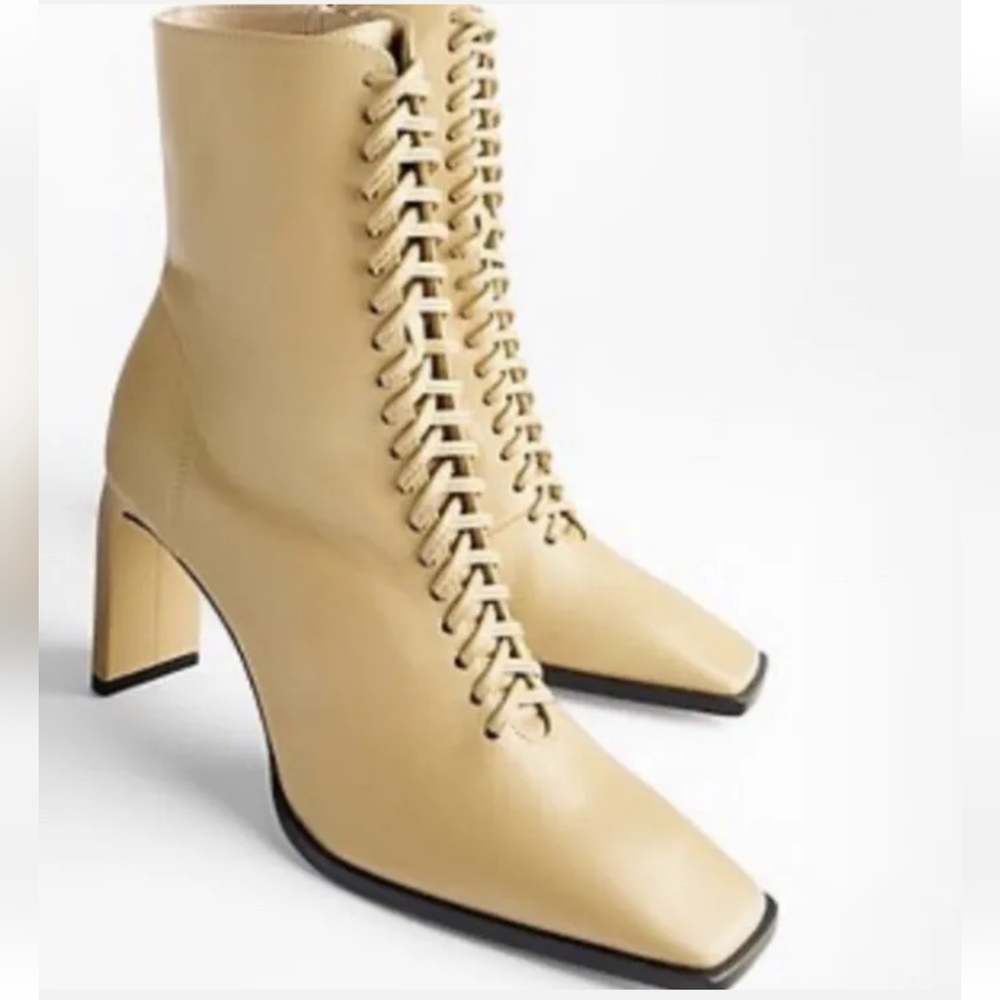Leather Lace Up Square Toe Boots Zara